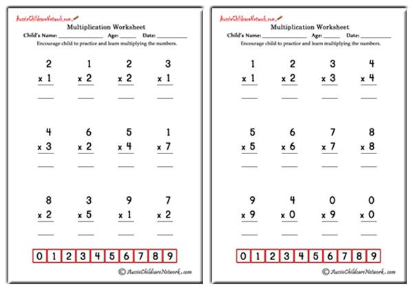 Single Digit Simple Multiplication Worksheets